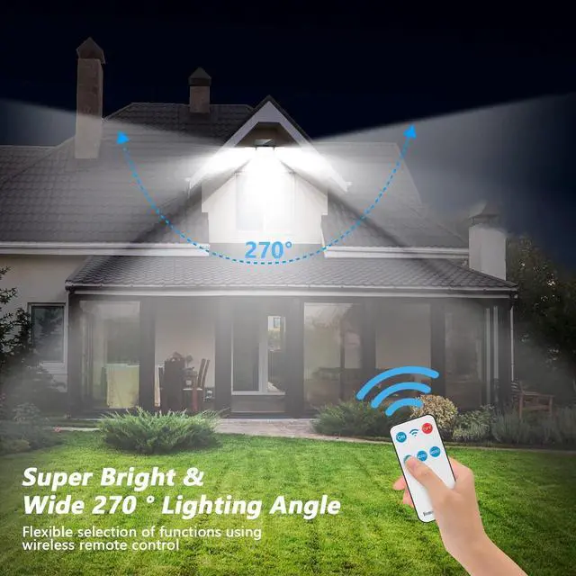 Alt view image 2 of 6 - Solar Lights Outdoor Waterproof, 288 LED 2800LM Motion Sensor Outdoor Lights with Remote Control, 4 Head Solar Flood Lights Outdoor for Patio, Garage, Yard, Wall, IP65 Security Lights 2 Pack