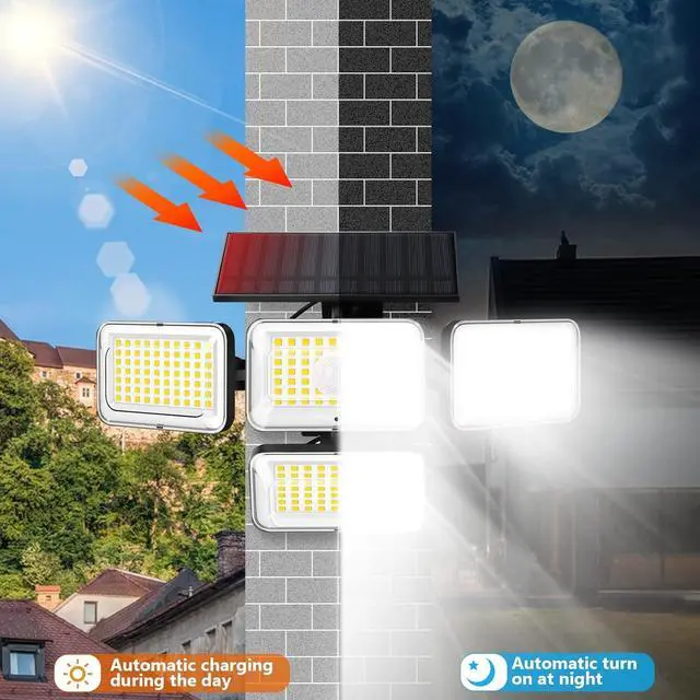 Alt view image 5 of 6 - Solar Lights Outdoor Waterproof, 288 LED 2800LM Motion Sensor Outdoor Lights with Remote Control, 4 Head Solar Flood Lights Outdoor for Patio, Garage, Yard, Wall, IP65 Security Lights 2 Pack