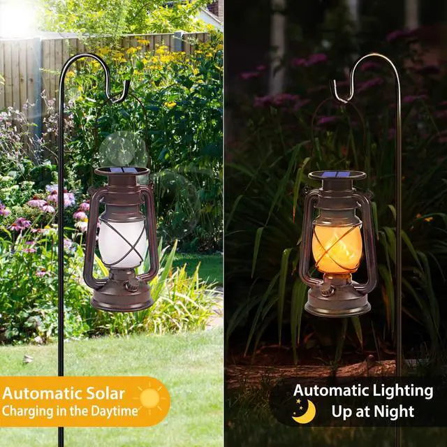 Alt view image 4 of 7 - Solar Lanterns Outdoor Waterproof, 2 Pack Bronze Flickering Flame Lights | Vintage LED Hanging Lantern, Outdoor Decorative Lights for Patio, Porch, Garden, Yard, Pathway, Camping