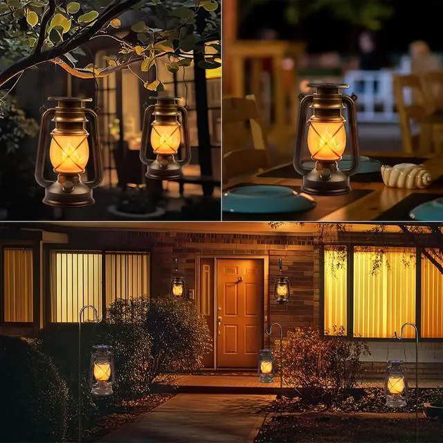 Alt view image 5 of 7 - Solar Lanterns Outdoor Waterproof, 2 Pack Bronze Flickering Flame Lights | Vintage LED Hanging Lantern, Outdoor Decorative Lights for Patio, Porch, Garden, Yard, Pathway, Camping