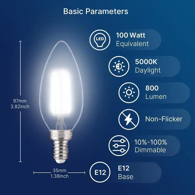 Alt view image 2 of 7 - 100W Equivalent Candelabra LED Bulbs 5000K Daylight, Dimmable LED Chandelier Light Bulbs for Dining Room, Living Room, Porch, 800LM, E12 Base, 6 Pack UL,CA65 Listed