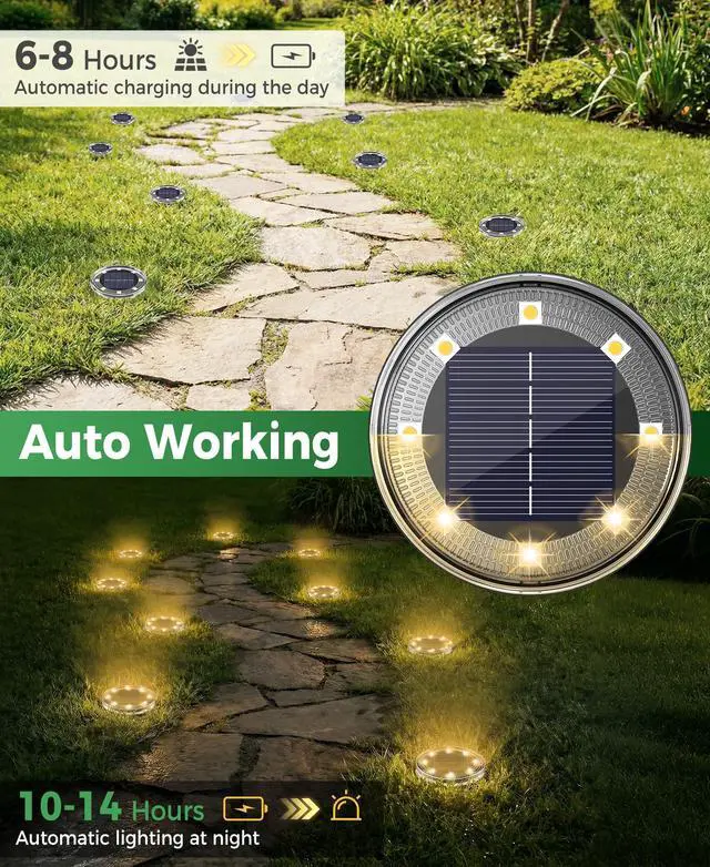 Alt view image 3 of 5 - 20 Pack Solar Ground Lights Outdoor, 8 LED Solar Flat Lights IP68 Waterproof Disc Light, Landscape Lighting Solar Powered for Garden Yard Path Driveway Lawn Patio Walkway, Warm White