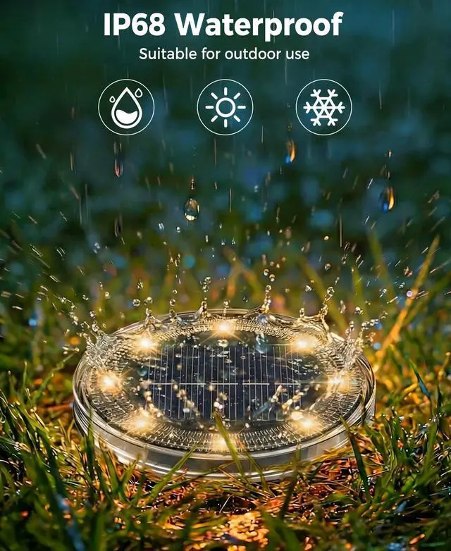 Alt view image 4 of 5 - 20 Pack Solar Ground Lights Outdoor, 8 LED Solar Flat Lights IP68 Waterproof Disc Light, Landscape Lighting Solar Powered for Garden Yard Path Driveway Lawn Patio Walkway, Warm White
