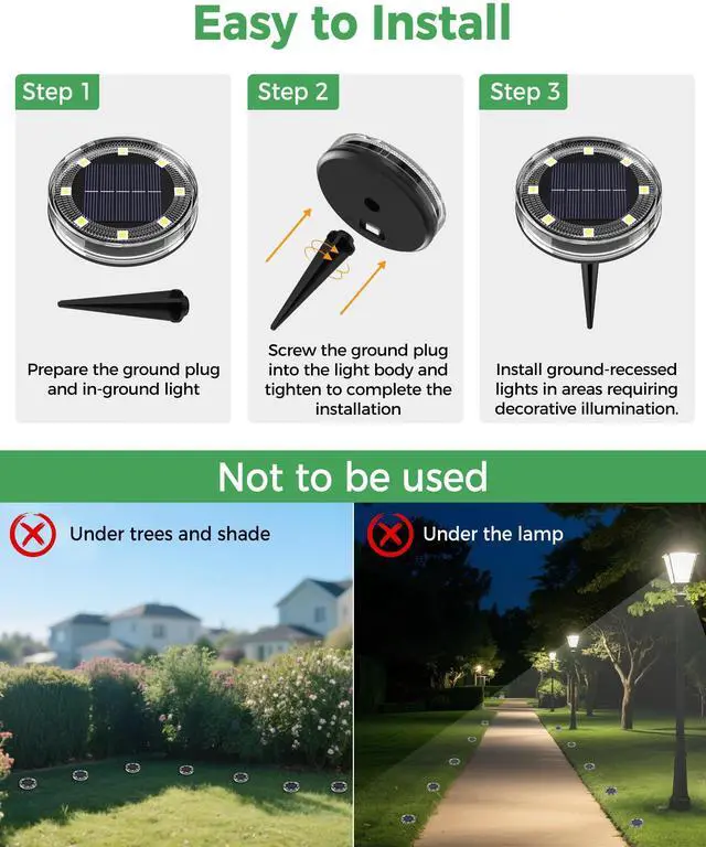 Alt view image 5 of 5 - 20 Pack Solar Ground Lights Outdoor, 8 LED Solar Flat Lights IP68 Waterproof Disc Light, Landscape Lighting Solar Powered for Garden Yard Path Driveway Lawn Patio Walkway, Warm White