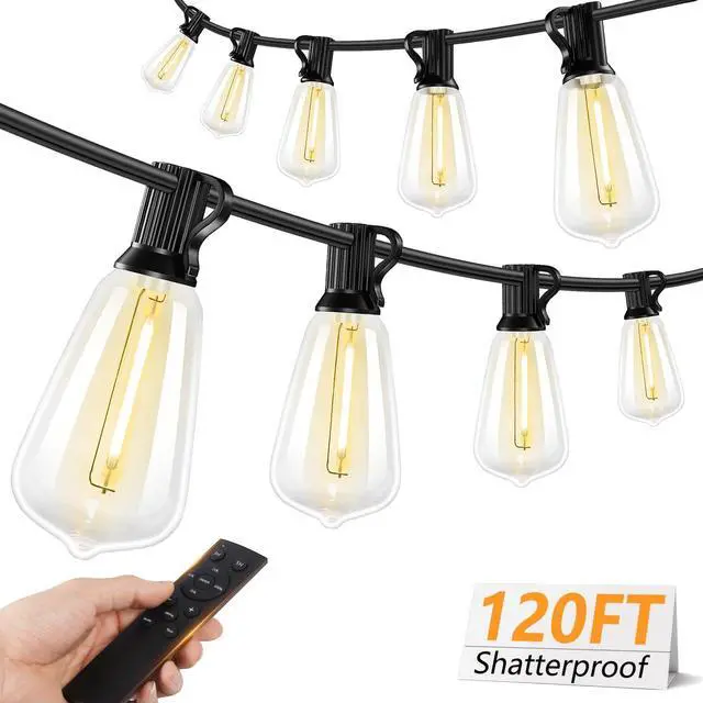 Main image of 120FT LED Outdoor String Lights with Remote, Patio Lights Outdoor Waterproof with 36+2 Shatterproof ST38 LED Bulbs, Dimmable Outside Hanging Light for Porch, Garden, Backyard, Cafe, 2700K