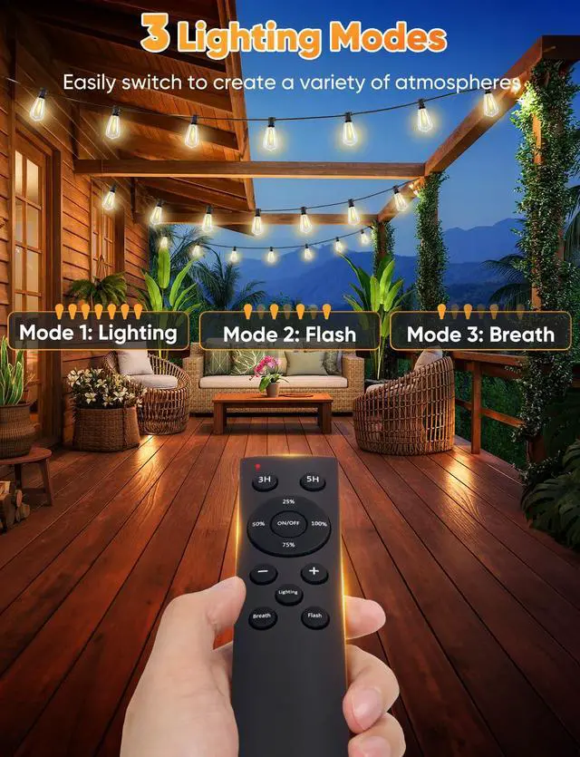 Alt view image 3 of 7 - 120FT LED Outdoor String Lights with Remote, Patio Lights Outdoor Waterproof with 36+2 Shatterproof ST38 LED Bulbs, Dimmable Outside Hanging Light for Porch, Garden, Backyard, Cafe, 2700K