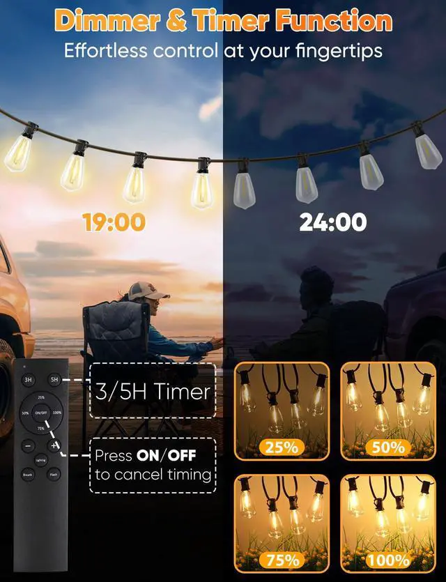 Alt view image 4 of 7 - 120FT LED Outdoor String Lights with Remote, Patio Lights Outdoor Waterproof with 36+2 Shatterproof ST38 LED Bulbs, Dimmable Outside Hanging Light for Porch, Garden, Backyard, Cafe, 2700K