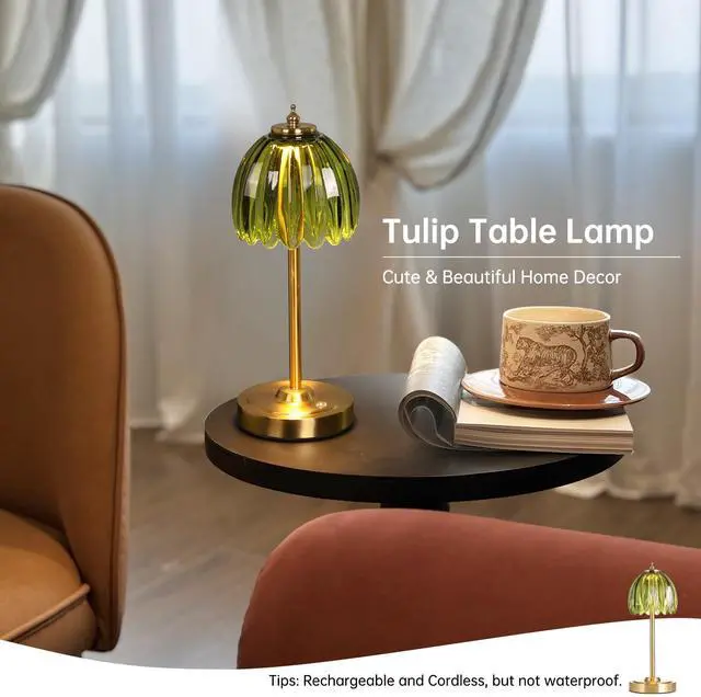 Alt view image 6 of 7 - Tulip Table Lamp with 5000mAh Battery & Touch Control, Cordless Table Lamp with 3 Colors, Dimmable Rechargeable Table Lamps for Bedroom, Nightstand, Living Room, Entryways (Green Tulip)