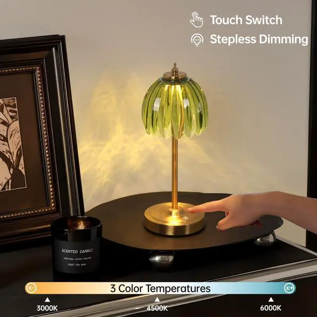 Alt view image 3 of 7 - Tulip Table Lamp with 5000mAh Battery & Touch Control, Cordless Table Lamp with 3 Colors, Dimmable Rechargeable Table Lamps for Bedroom, Nightstand, Living Room, Entryways (Green Tulip)