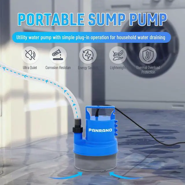 Alt view image 2 of 6 - 1/3 HP Submersible Water Pump 2000 GPH Portable Small Sump Pump For Pool Cover, Basements, Puddles, Gardens Ponds With 16.4 Ft Power Cord and Hose Adapters, Sky Blue