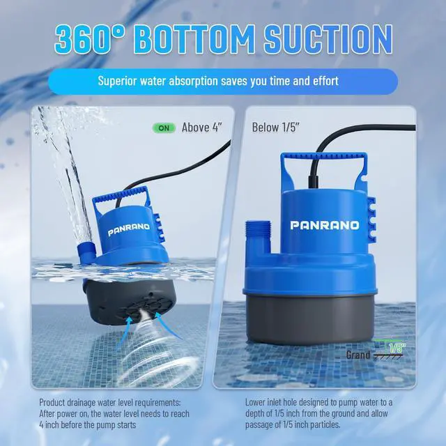 Alt view image 3 of 6 - 1/3 HP Submersible Water Pump 2000 GPH Portable Small Sump Pump For Pool Cover, Basements, Puddles, Gardens Ponds With 16.4 Ft Power Cord and Hose Adapters, Sky Blue