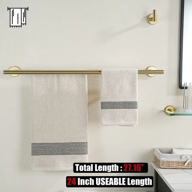 Alt view image 3 of 7 - Double Towel Bar 27 Inch, Brass Gold Useable Length 24 Inch 304 Stainless Steel Thicken 0.8mm Bath Towel Rack for Bathroom, Towel Holder Wall Mount, TB100L24-BG
