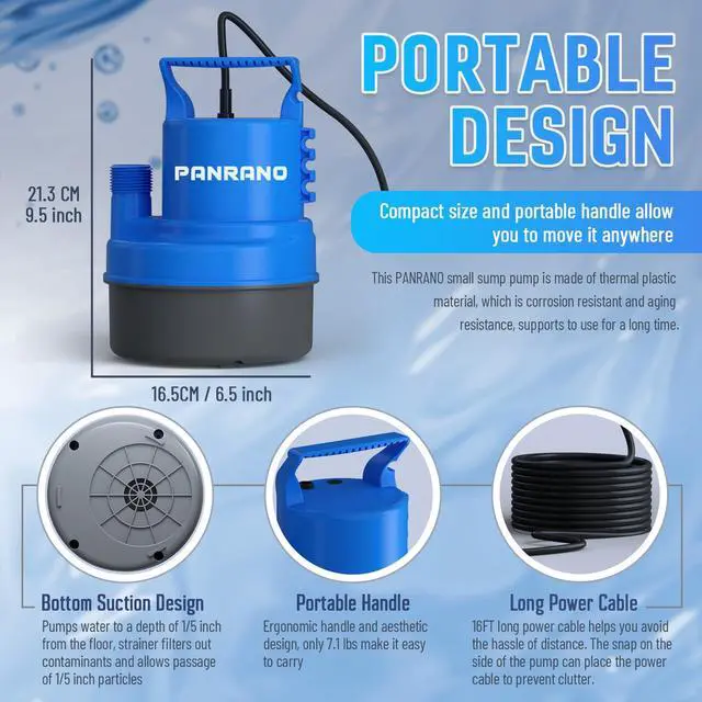 Alt view image 4 of 6 - 1/3 HP Submersible Water Pump 2000 GPH Portable Small Sump Pump For Pool Cover, Basements, Puddles, Gardens Ponds With 16.4 Ft Power Cord and Hose Adapters, Sky Blue