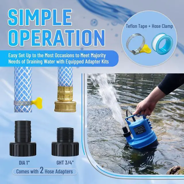 Alt view image 5 of 6 - 1/3 HP Submersible Water Pump 2000 GPH Portable Small Sump Pump For Pool Cover, Basements, Puddles, Gardens Ponds With 16.4 Ft Power Cord and Hose Adapters, Sky Blue