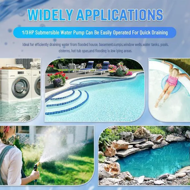 Alt view image 6 of 6 - 1/3 HP Submersible Water Pump 2000 GPH Portable Small Sump Pump For Pool Cover, Basements, Puddles, Gardens Ponds With 16.4 Ft Power Cord and Hose Adapters, Sky Blue