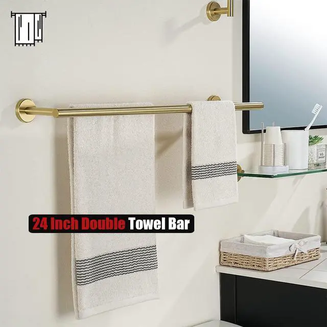 Alt view image 5 of 7 - Double Towel Bar 27 Inch, Brass Gold Useable Length 24 Inch 304 Stainless Steel Thicken 0.8mm Bath Towel Rack for Bathroom, Towel Holder Wall Mount, TB100L24-BG