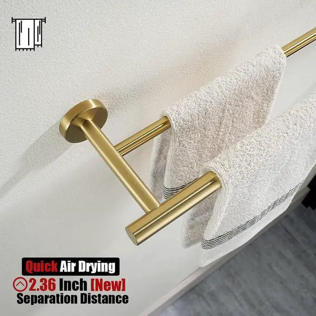 Alt view image 6 of 7 - Double Towel Bar 27 Inch, Brass Gold Useable Length 24 Inch 304 Stainless Steel Thicken 0.8mm Bath Towel Rack for Bathroom, Towel Holder Wall Mount, TB100L24-BG