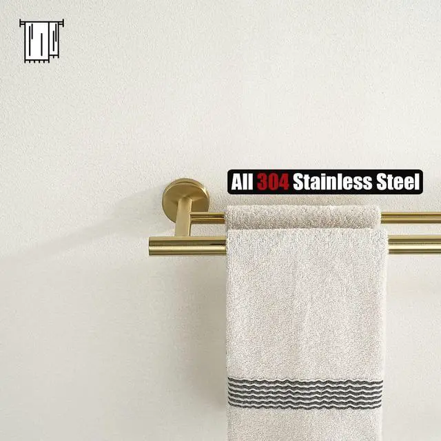 Alt view image 7 of 7 - Double Towel Bar 27 Inch, Brass Gold Useable Length 24 Inch 304 Stainless Steel Thicken 0.8mm Bath Towel Rack for Bathroom, Towel Holder Wall Mount, TB100L24-BG