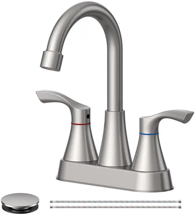 Main image of Brushed Nickel Bathroom Faucet 3 Hole 4 Inch Bathroom Sink Faucets | Stainless Steel 2 Handle Centerset Faucet for Bathroom Sink Vanity with Pop Up Drain and 4 Supply Hoses by