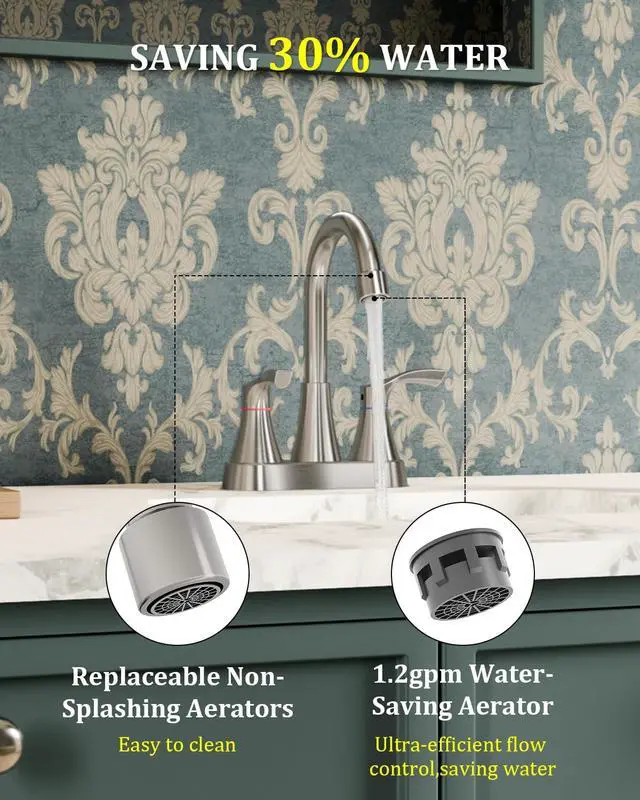 Alt view image 2 of 7 - Brushed Nickel Bathroom Faucet 3 Hole 4 Inch Bathroom Sink Faucets | Stainless Steel 2 Handle Centerset Faucet for Bathroom Sink Vanity with Pop Up Drain and 4 Supply Hoses by