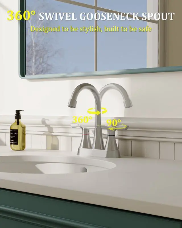 Alt view image 3 of 7 - Brushed Nickel Bathroom Faucet 3 Hole 4 Inch Bathroom Sink Faucets | Stainless Steel 2 Handle Centerset Faucet for Bathroom Sink Vanity with Pop Up Drain and 4 Supply Hoses by