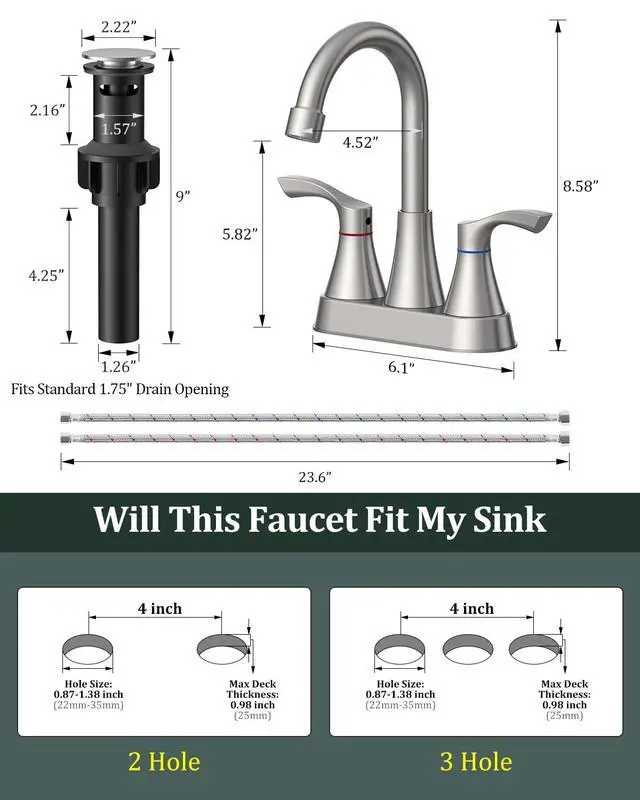 Alt view image 6 of 7 - Brushed Nickel Bathroom Faucet 3 Hole 4 Inch Bathroom Sink Faucets | Stainless Steel 2 Handle Centerset Faucet for Bathroom Sink Vanity with Pop Up Drain and 4 Supply Hoses by