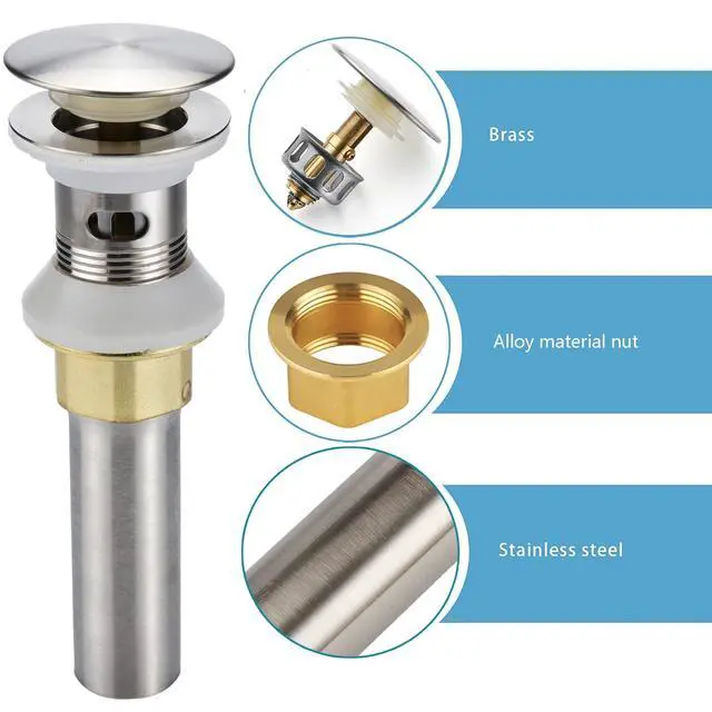 Alt view image 3 of 7 - Bathroom Sink Drain,Drain Stopper Bathroom Sink with Overflow,Pop Up Drain Assembly with Detachable Strainer Basket,Built-in Anti-Clogging Strainer,Stainless Steel Brushed Nickel