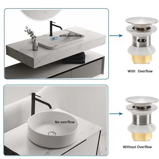 Alt view image 4 of 7 - Bathroom Sink Drain,Drain Stopper Bathroom Sink with Overflow,Pop Up Drain Assembly with Detachable Strainer Basket,Built-in Anti-Clogging Strainer,Stainless Steel Brushed Nickel