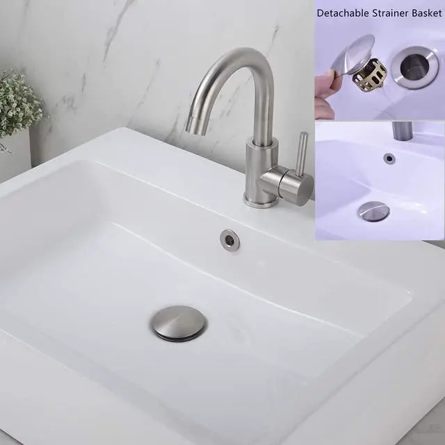Alt view image 6 of 7 - Bathroom Sink Drain,Drain Stopper Bathroom Sink with Overflow,Pop Up Drain Assembly with Detachable Strainer Basket,Built-in Anti-Clogging Strainer,Stainless Steel Brushed Nickel