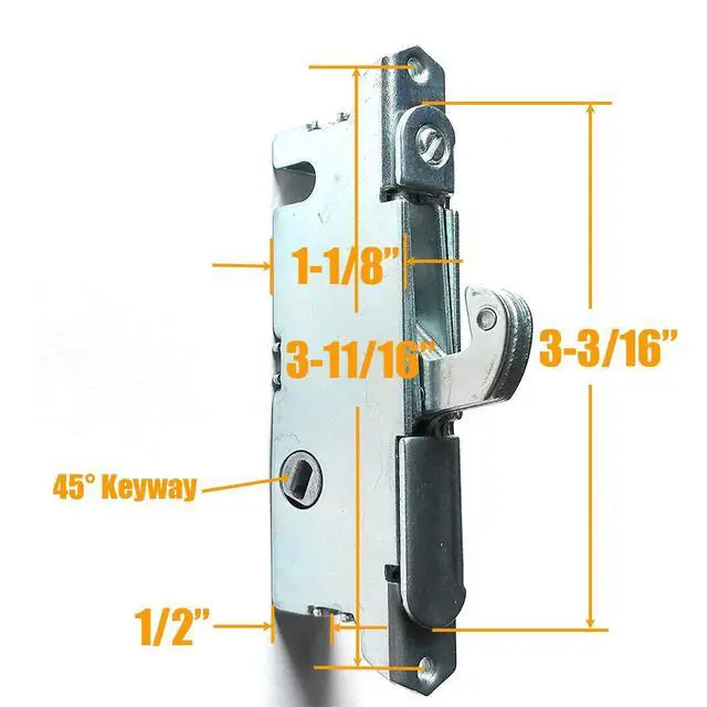 Alt view image 3 of 7 - Patio Door Handle Set + Mortise Lock 45° Perfect Replacement for Sliding Glass Door Fits 3-15/16 Screw Hole Spacing, Non-keyed with Latch Locks,White Diecast,Reversible Design(Non-Handed)