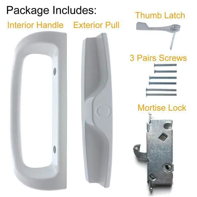 Alt view image 4 of 7 - Patio Door Handle Set + Mortise Lock 45° Perfect Replacement for Sliding Glass Door Fits 3-15/16 Screw Hole Spacing, Non-keyed with Latch Locks,White Diecast,Reversible Design(Non-Handed)