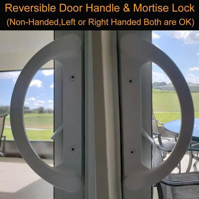 Alt view image 5 of 7 - Patio Door Handle Set + Mortise Lock 45° Perfect Replacement for Sliding Glass Door Fits 3-15/16 Screw Hole Spacing, Non-keyed with Latch Locks,White Diecast,Reversible Design(Non-Handed)