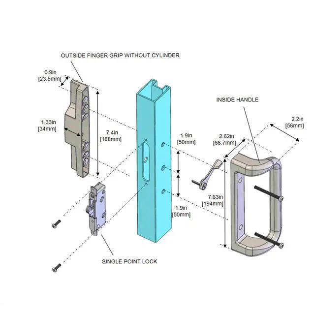 Alt view image 2 of 7 - Sliding Patio Door Handle Set, Mortise Lock, 3-15/16", White | Fits 1-1/4" to 2" thick sliding glass doors; reversible design. Key cylinder not included