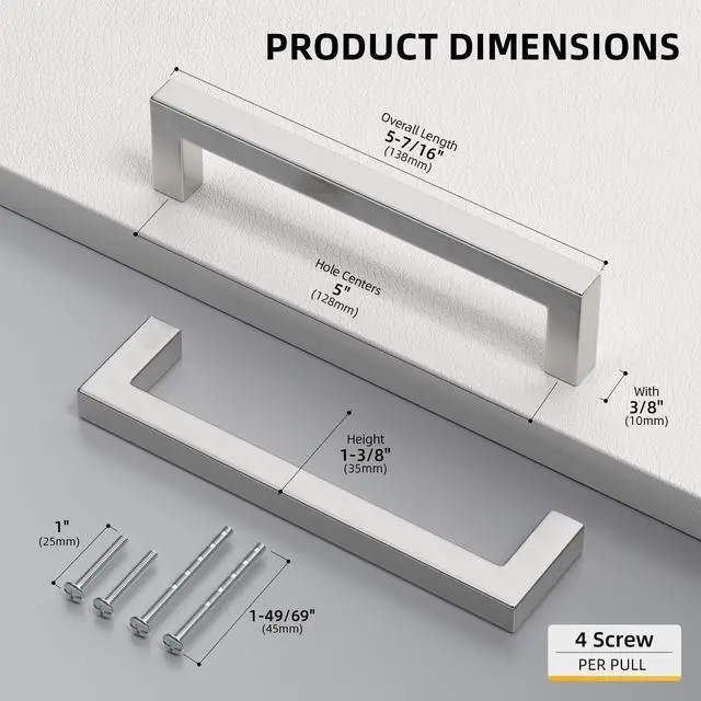 Alt view image 2 of 6 - Brushed Nickel Cabinet Pulls 30 Pack 5 Inch, Square Drawer Handles, Stainless Steel, Screws Included, Silver Kitchen Hardware for Cupboard Closet Furniture Upgrade