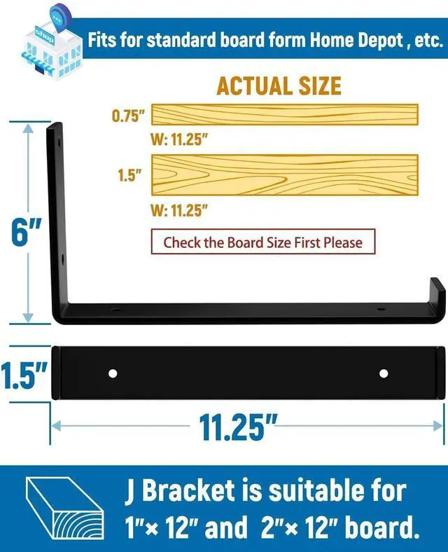 Alt view image 3 of 7 - Shelf Brackets 12 inch, 1/5 inch Thick 6-Pack Floating Shelf Bracket | 11.25" x 6" x 1.5", Heavy Duty Shelf Support for DIY Wall Shelf, Black Industrial Bracket for Kitchen, Garage, Living Room
