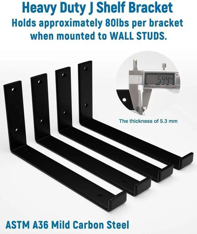 Alt view image 4 of 7 - Shelf Brackets 12 inch, 1/5 inch Thick 6-Pack Floating Shelf Bracket | 11.25" x 6" x 1.5", Heavy Duty Shelf Support for DIY Wall Shelf, Black Industrial Bracket for Kitchen, Garage, Living Room