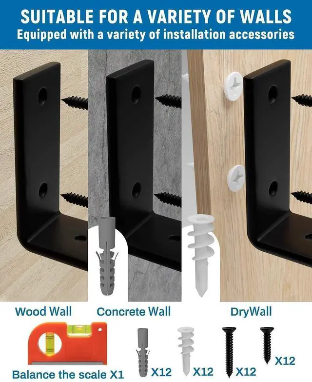 Alt view image 6 of 7 - Shelf Brackets 12 inch, 1/5 inch Thick 6-Pack Floating Shelf Bracket | 11.25" x 6" x 1.5", Heavy Duty Shelf Support for DIY Wall Shelf, Black Industrial Bracket for Kitchen, Garage, Living Room