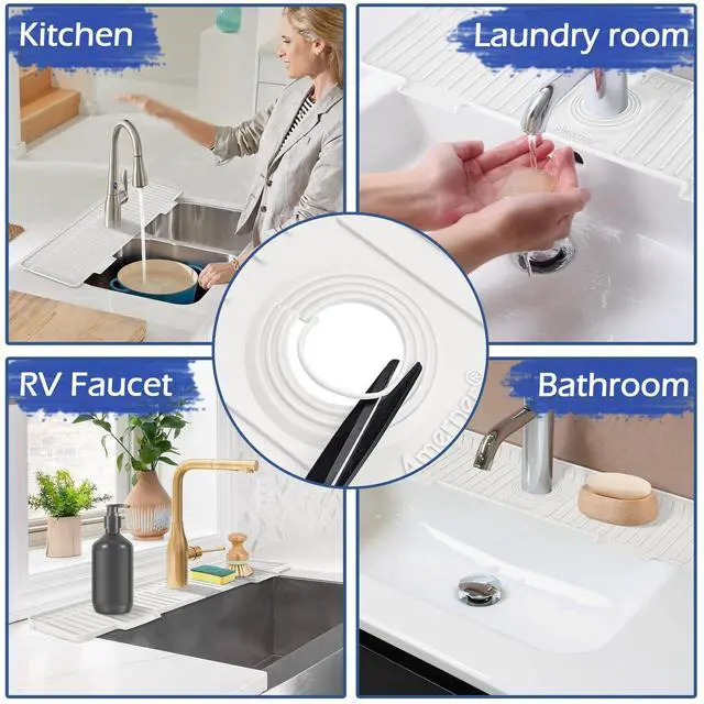 Alt view image 7 of 7 - Kitchen Sink Splash Guard, 20IN Longer Silicone Faucet Guard & Draining Mat, Bathroom and Kitchen Sink Organizer, Sink Faucet Mat Water Splash Guard Behind Faucet Accessories Gadget, 20 x 5.5, White