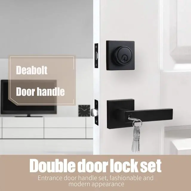Alt view image 2 of 6 - Front Door Lock Set with Deadbolt, Door Handle with Lock Keyed Alike, Heavy Duty Exterior Door Knob and Deadbolt Combo, Matte Black Door Lock for Front Door, Entry Door, 1 Pack