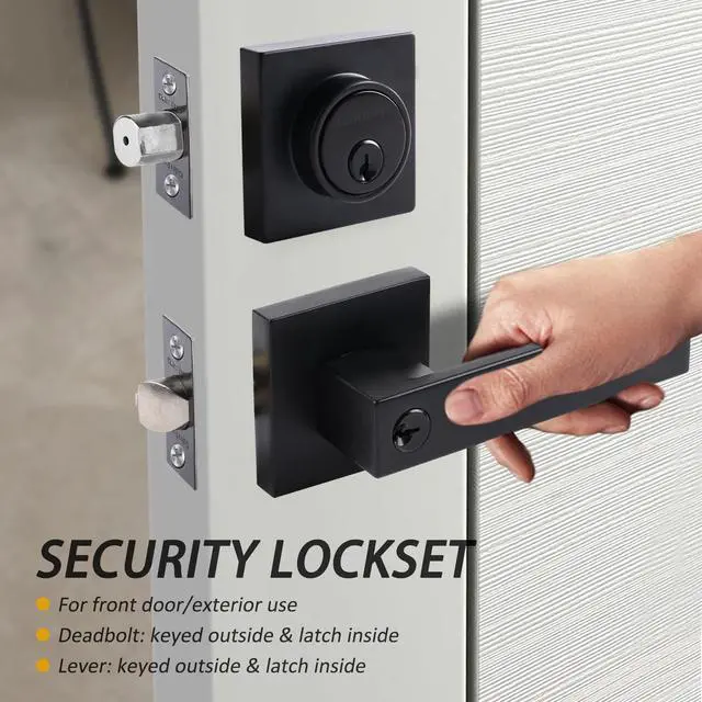 Alt view image 4 of 6 - Front Door Lock Set with Deadbolt, Door Handle with Lock Keyed Alike, Heavy Duty Exterior Door Knob and Deadbolt Combo, Matte Black Door Lock for Front Door, Entry Door, 1 Pack