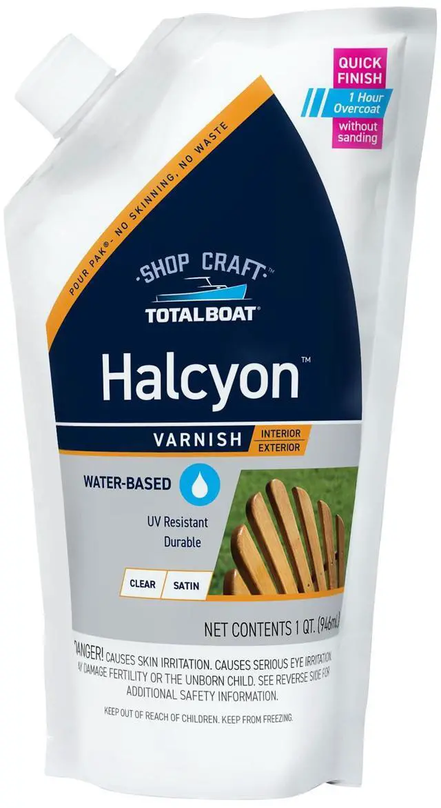 Main image of Halcyon Water-Based Marine Varnish for Wood - Clear Satin Quart | Marine-Grade Polyurethane Wood Finish; Easy to Apply; 1-Hour Recoat; Ideal for Boats, Outdoor Furniture, and Woodworking