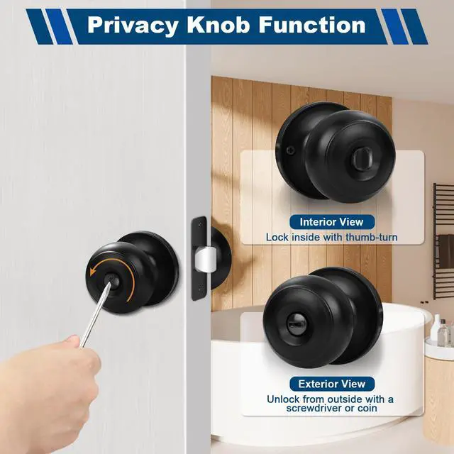 Alt view image 4 of 7 - 6 Pack Door Knobs, Matte Black Privacy Door Knob with Lock, Keyless Door Handle with Lock for Bedrooms/Bathrooms