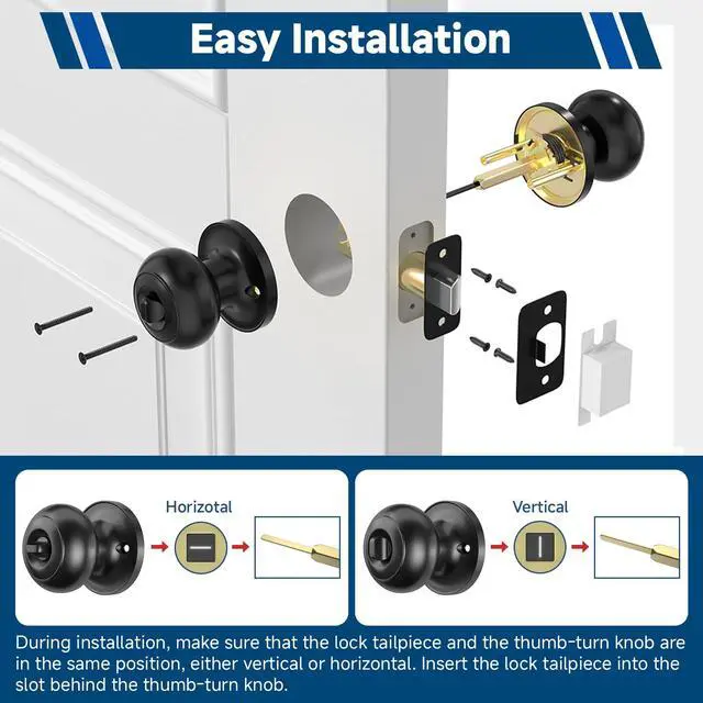 Alt view image 6 of 7 - 6 Pack Door Knobs, Matte Black Privacy Door Knob with Lock, Keyless Door Handle with Lock for Bedrooms/Bathrooms