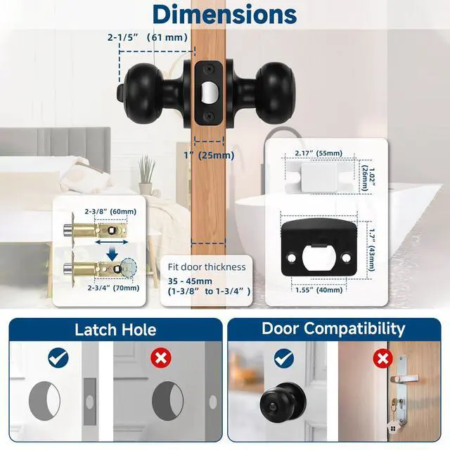 Alt view image 7 of 7 - 6 Pack Door Knobs, Matte Black Privacy Door Knob with Lock, Keyless Door Handle with Lock for Bedrooms/Bathrooms