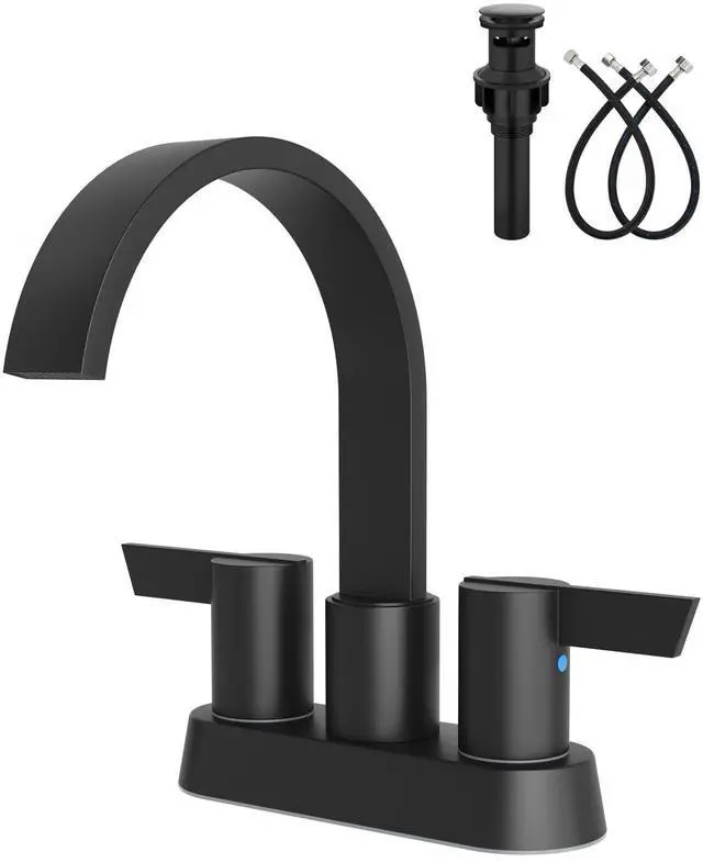 Main image of Matte Black Bathroom Faucet,4 Inch Centerset 2-Handle Waterfall | Includes Pop-Up Drain,24-Inch Supply Lines,Mounting Hardware,SUS304 Stainless Steel Construction,And A 360° Swivel Spout