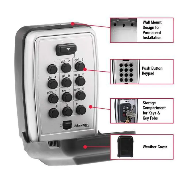 Alt view image 2 of 6 - Wall Mount Key Lock Box with Push Button for House Keys, Outdoor Safe with Combination Lock, 5 Key Capacity, 5423EC, Black
