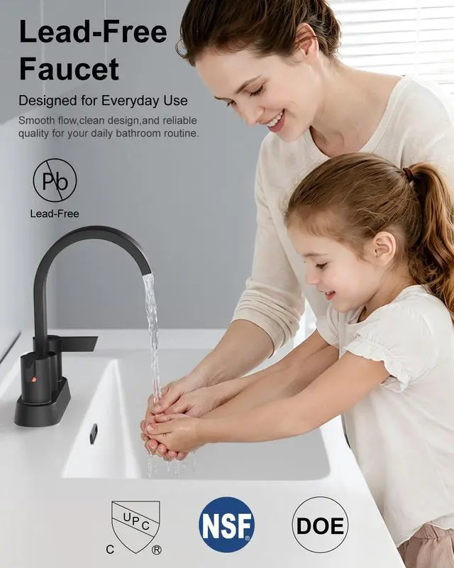 Alt view image 2 of 7 - Matte Black Bathroom Faucet,4 Inch Centerset 2-Handle Waterfall | Includes Pop-Up Drain,24-Inch Supply Lines,Mounting Hardware,SUS304 Stainless Steel Construction,And A 360° Swivel Spout