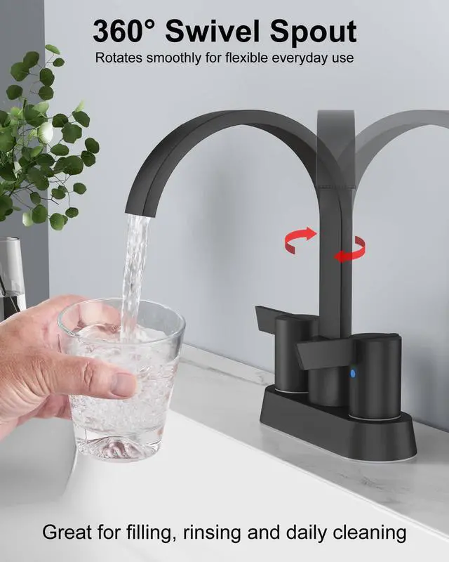 Alt view image 3 of 7 - Matte Black Bathroom Faucet,4 Inch Centerset 2-Handle Waterfall | Includes Pop-Up Drain,24-Inch Supply Lines,Mounting Hardware,SUS304 Stainless Steel Construction,And A 360° Swivel Spout