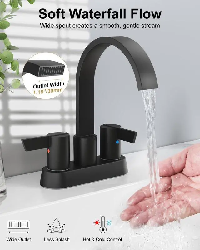 Alt view image 4 of 7 - Matte Black Bathroom Faucet,4 Inch Centerset 2-Handle Waterfall | Includes Pop-Up Drain,24-Inch Supply Lines,Mounting Hardware,SUS304 Stainless Steel Construction,And A 360° Swivel Spout