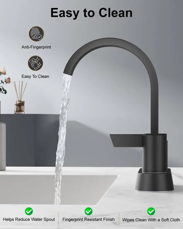 Alt view image 6 of 7 - Matte Black Bathroom Faucet,4 Inch Centerset 2-Handle Waterfall | Includes Pop-Up Drain,24-Inch Supply Lines,Mounting Hardware,SUS304 Stainless Steel Construction,And A 360° Swivel Spout